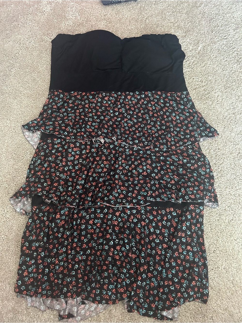 Strapless Black Mini Dress with Red & Teal Floral Ruffle Skirt